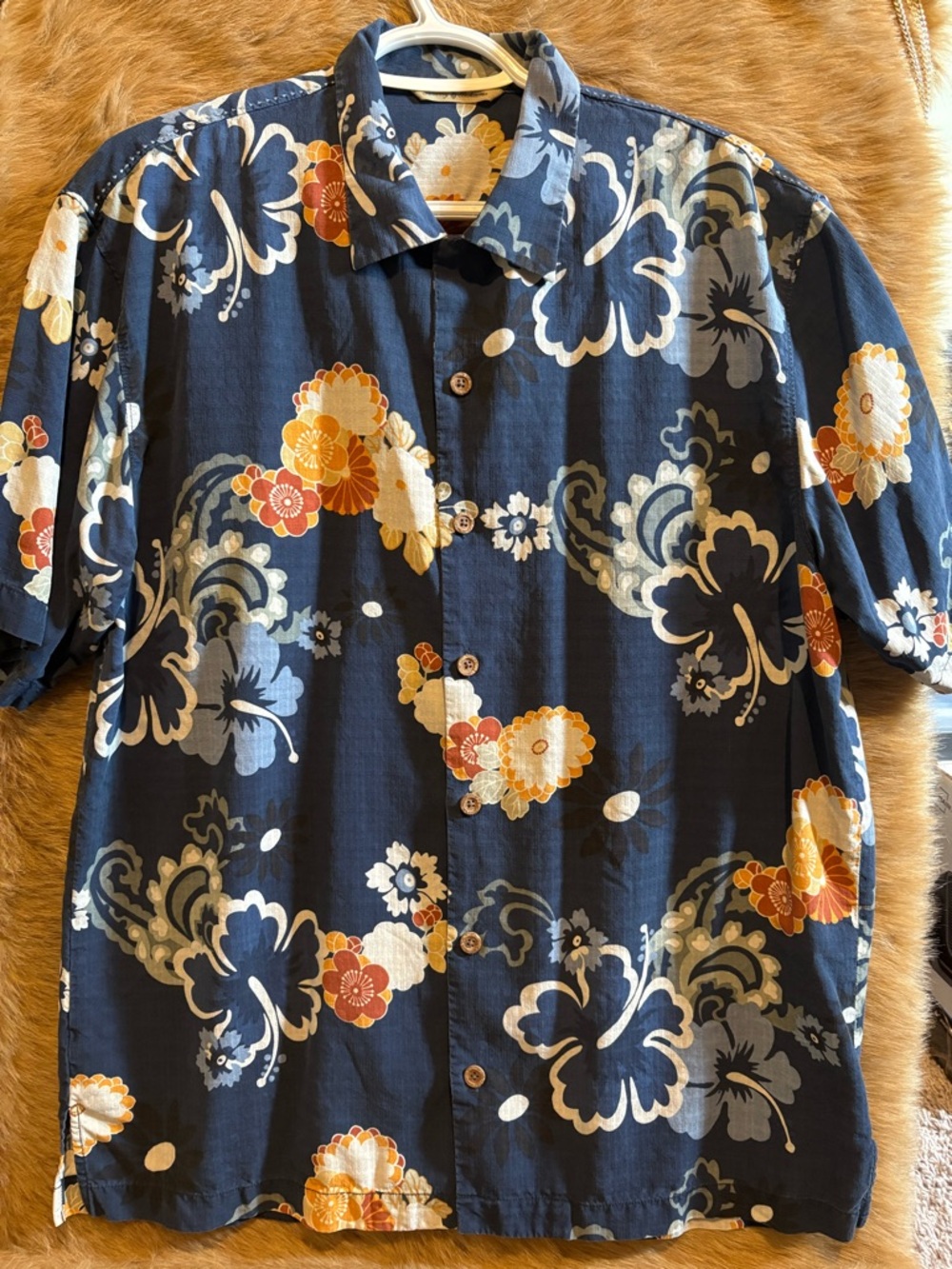 Tommy Bahama Navy Floral Short-Sleeve Button-Down Shirt with Orange Accents